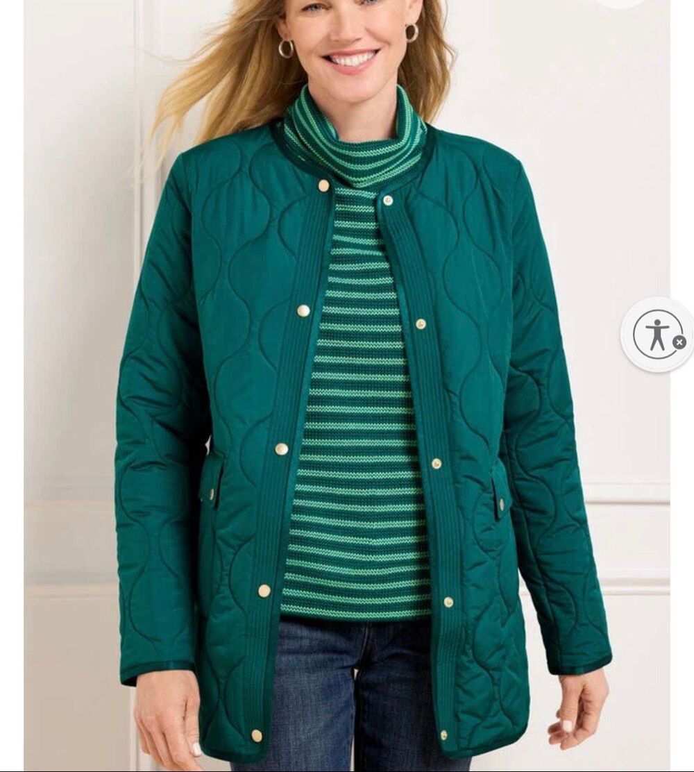 Talbots Women's Snap Button Collarless Quilted Coat Indigo Blue XL Petite NEW